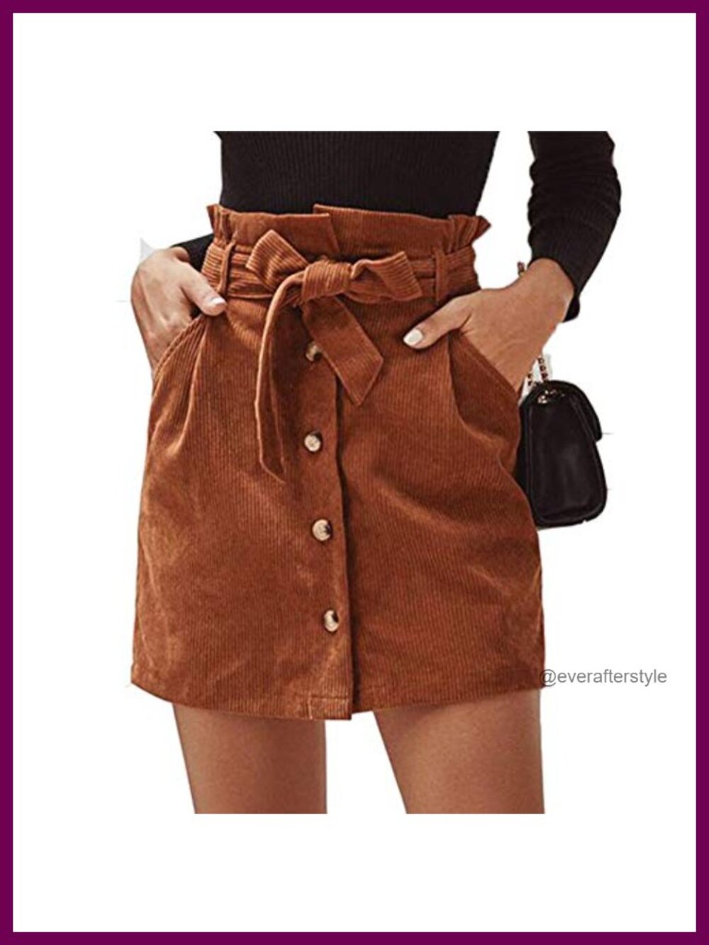 Women Corduroy High Waist Paperbag Belted Mini Skirt with Pockets